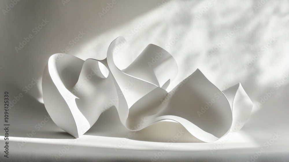 Geometric and organic shadow forms merging in soft sunlight on a bright white base