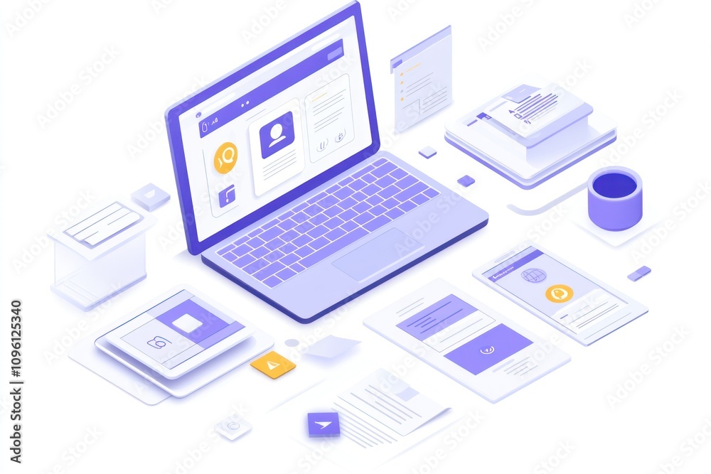 A digital workspace featuring devices, documents, and design elements for productivity. A digital workspace featuring devices, documents, and design elements for productivity.