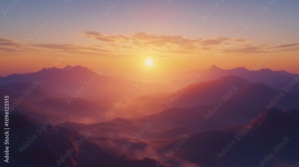Serene Mountain Landscape at Sunrise with Soft Fog and Golden Light Serene Mountain Landscape at Sunrise with Soft Fog and Golden Light