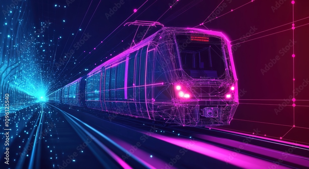 Naklejka premium A digital rendering of an electric train with glowing lines and dots