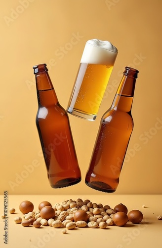 Vertical creative concept of holiday recreation levitation of beer set: beer, beer bottles, beer glasses, nuts on light golden background