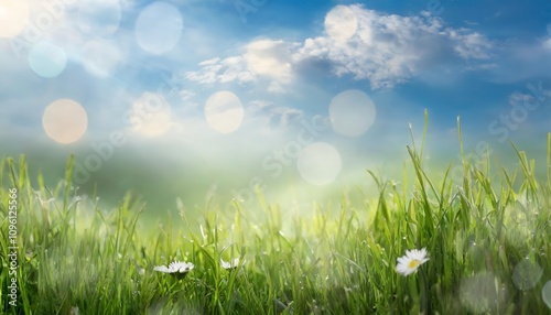 Vivid and Beautiful Sunny Spring Meadow with Lush Green Grass Under a Clear Blue Sky, Radiating Bright Light and Natural Serenity in a Tranquil Abstract Landscape Scene.