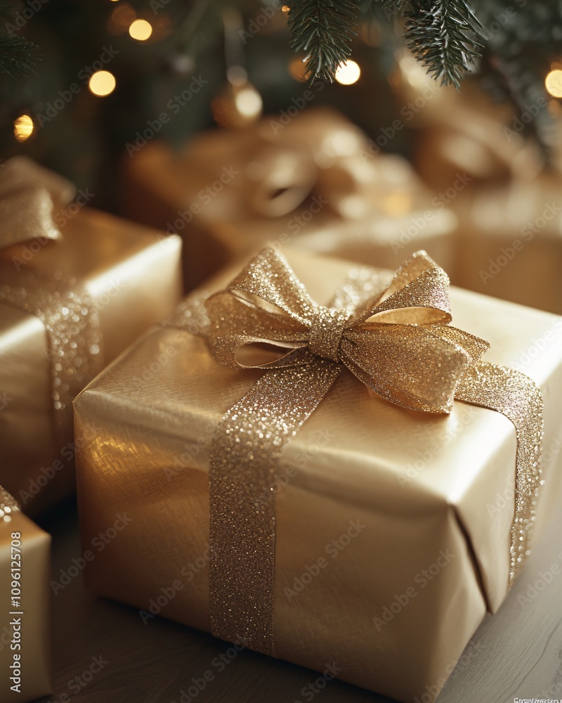 Festive gift box near Christmas tree Festive gift box near Christmas tree