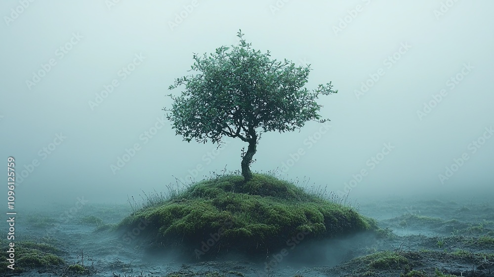 Solitary Tree in Foggy Landscape