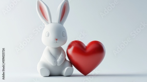 A cute white rabbit sits beside a shiny red heart, symbolizing love and affection.