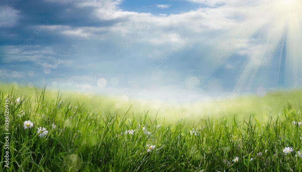 A mesmerizing view of a vibrant spring meadow under a bright blue sky, featuring lush green grass, golden sunlight, and a serene, abstract natural aesthetic perfect for uplifting designs. A mesmerizing view of a vibrant spring meadow under a bright blue sky, featuring lush green grass, golden sunlight, and a serene, abstract natural aesthetic perfect for uplifting designs.