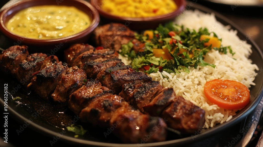 Herbed grilled meat skewers artfully arranged with fragrant rice, fresh herbs, vibrant vegetables, and flavorful dips on a dark plate. Herbed grilled meat skewers artfully arranged with fragrant rice, fresh herbs, vibrant vegetables, and flavorful dips on a dark plate.