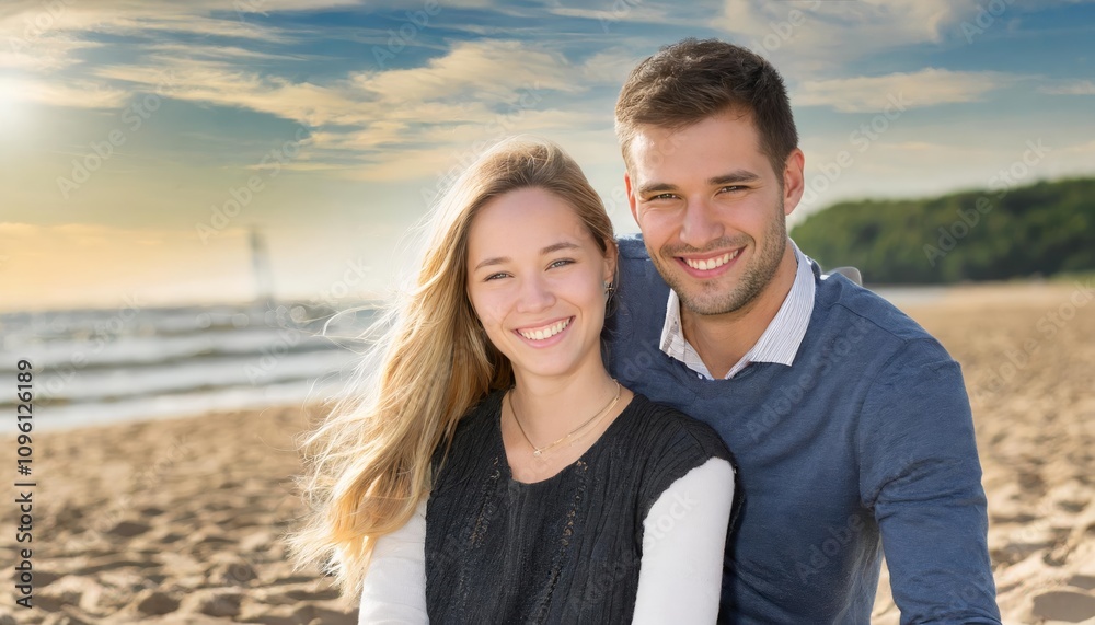 Beautiful young couple enjoying a sunny summer day at the beach, smiling and sharing joyful moments by the ocean with vibrant blue skies and golden sands enhancing the perfect vacation vibe. Beautiful young couple enjoying a sunny summer day at the beach, smiling and sharing joyful moments by the ocean with vibrant blue skies and golden sands enhancing the perfect vacation vibe.