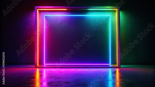 Neon Glowing Blank Frame for Text on Black Background, Ideal for Holiday Promotions, Birthday Announcements, and Sale Campaigns with Customizable Space for Personalization