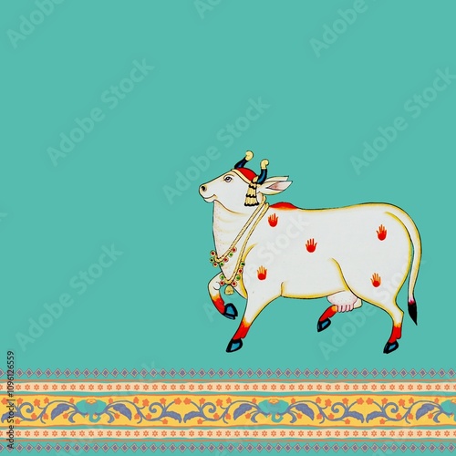 A Beautiful Cow Pichwai Painting with Lotus for Interior Wall Decoration photo