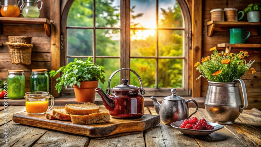 Charming Rustic Kitchen with Tea Kettle and Toast Spread with Jam - Cozy Culinary Vibes for Home Cooking and Breakfast Inspiration Charming Rustic Kitchen with Tea Kettle and Toast Spread with Jam - Cozy Culinary Vibes for Home Cooking and Breakfast Inspiration