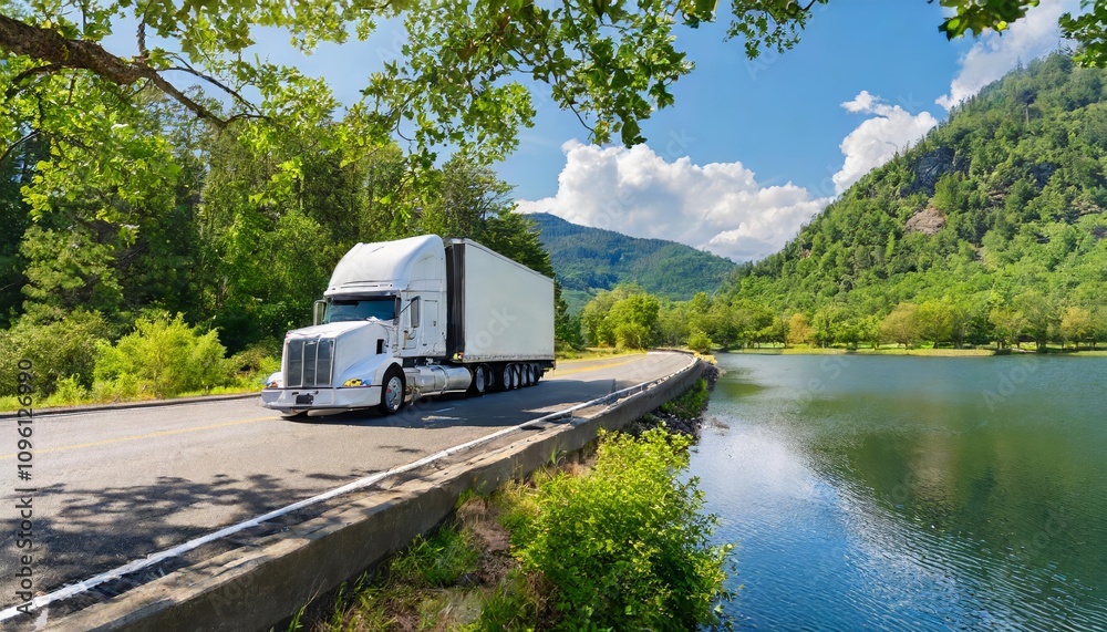 Big white semi truck driving near a serene lakeside road, transporting commercial cargo on a sunny day. A scenic shot of modern trucking logistics in action along natural landscapes. Big white semi truck driving near a serene lakeside road, transporting commercial cargo on a sunny day. A scenic shot of modern trucking logistics in action along natural landscapes.