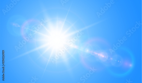 Sunny background, sun with lens flare on blue sky, hot weather concept, summer background illustration.