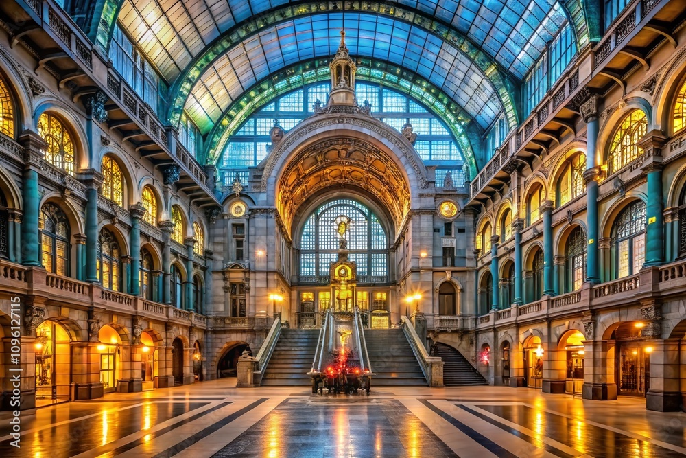 Obraz premium Antwerp Central Station Night Photography AI Art, Belgium
