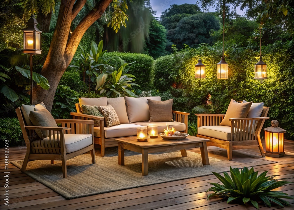 Night Photography of Elegant Teak Garden Furniture Set Under Starry Sky, Showcasing Outdoor Lifestyle and Relaxation in a Beautifully Designed Patio Setting Night Photography of Elegant Teak Garden Furniture Set Under Starry Sky, Showcasing Outdoor Lifestyle and Relaxation in a Beautifully Designed Patio Setting
