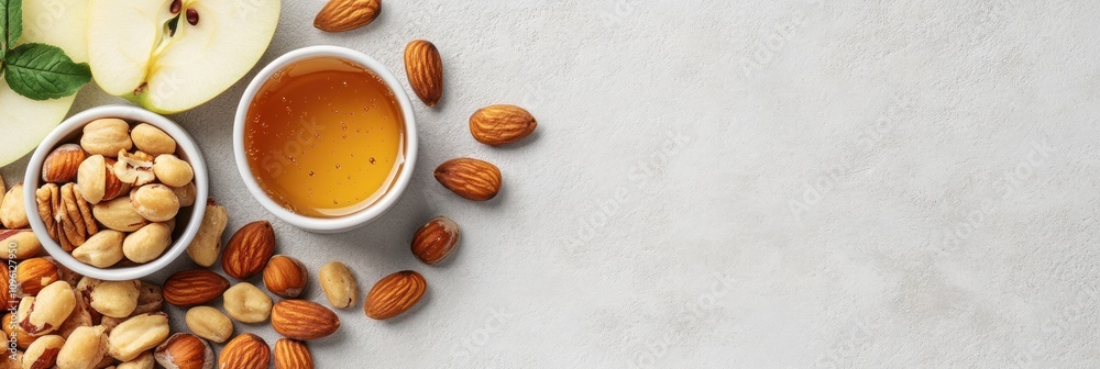 A composition of nuts, honey, and apple slices, showcasing healthy food options. A composition of nuts, honey, and apple slices, showcasing healthy food options.