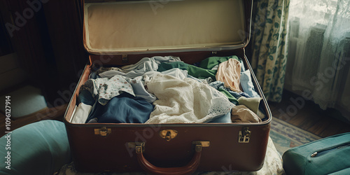 Overpacked Suitcase Filled with Colorful Clothes photo