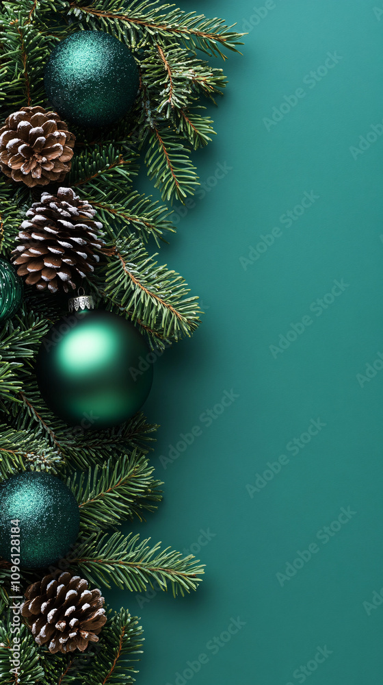 Lush Christmas tree branches with deep green ornaments and a silver pine cone create a cozy holiday scene, perfect for seasonal greetings or festive cards. Lush Christmas tree branches with deep green ornaments and a silver pine cone create a cozy holiday scene, perfect for seasonal greetings or festive cards.