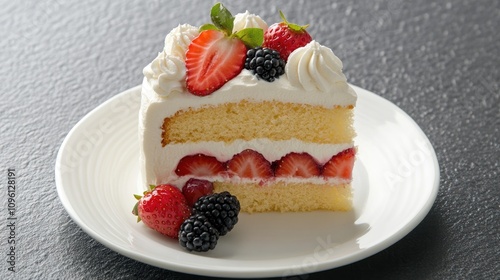 Slice of moist strawberry sponge cake layered with whipped cream and fresh berries on a textured dark background in a white plate.