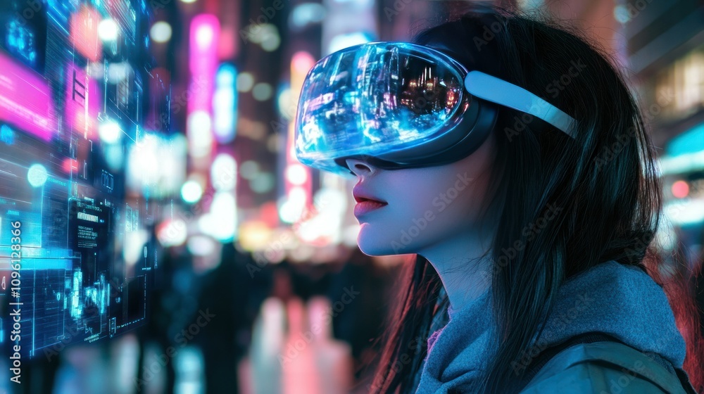 Neon-lit cyberpunk girl with augmented reality glasses, exploring a futuristic city street filled with holograms