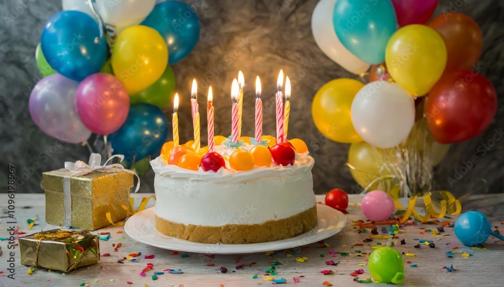 Vibrant Birthday Party Balloons Background with Colorful Balloons, Festive Decorations, and a Delicious Birthday Cake Topped with Glowing Candles for a Joyous Celebration Vibrant Birthday Party Balloons Background with Colorful Balloons, Festive Decorations, and a Delicious Birthday Cake Topped with Glowing Candles for a Joyous Celebration