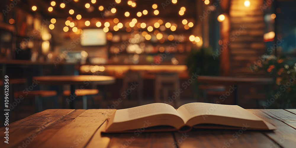 Open Book on Table in a Cozy Evening Setting Open Book on Table in a Cozy Evening Setting