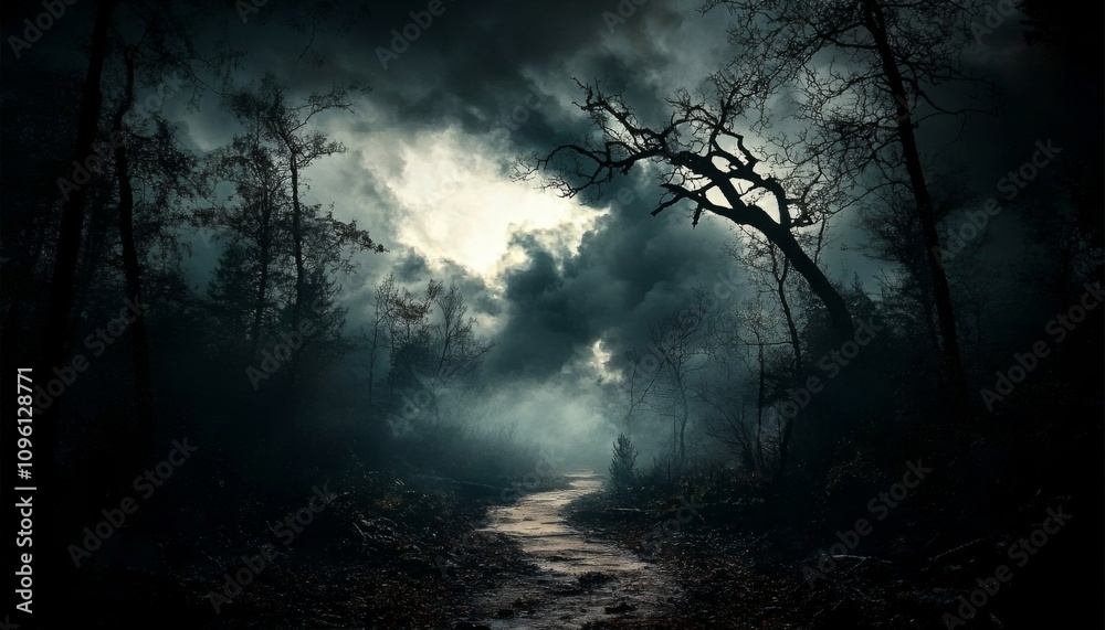 Fototapeta premium Mysterious and eerie forest scene at night with dark clouds and fog creating a foreboding atmosphere, dimly lit.