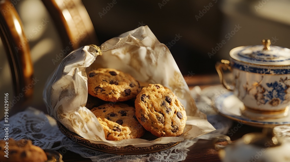 Rustic Table Setting with a Delicately Wrapped Bag of Cookies Surrounded by Vintage Teacups and Lace Texture Rustic Table Setting with a Delicately Wrapped Bag of Cookies Surrounded by Vintage Teacups and Lace Texture