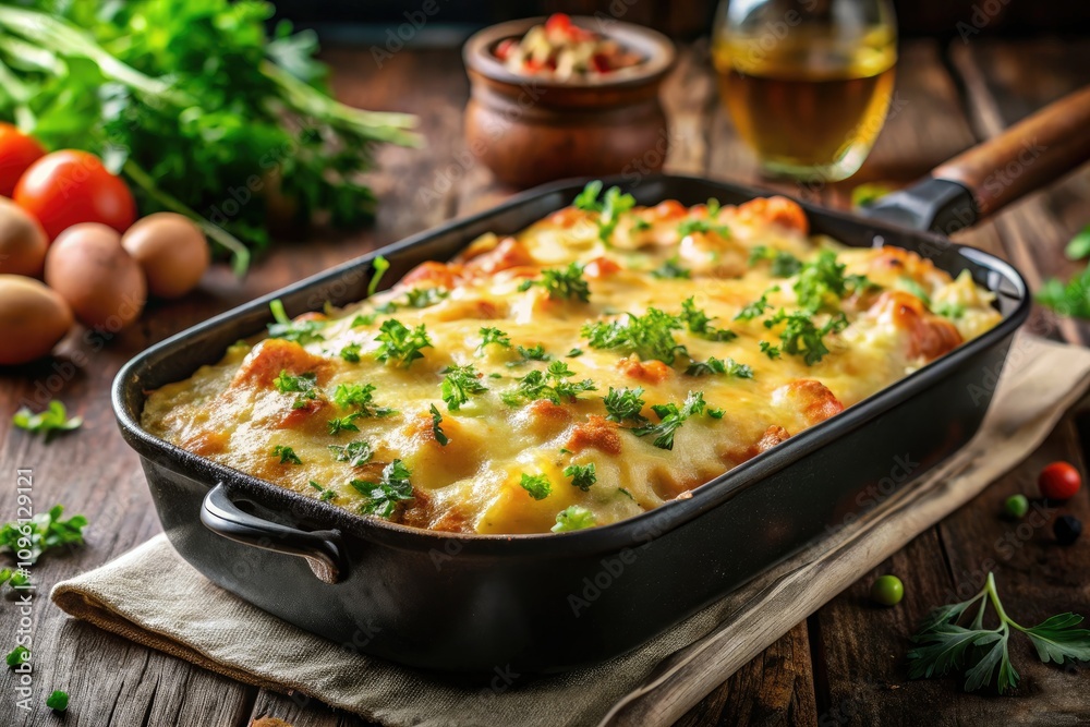 Delicious Cheesy Vegetable Casserole with Golden Melted Cheese Topping in Black Dish Delicious Cheesy Vegetable Casserole with Golden Melted Cheese Topping in Black Dish