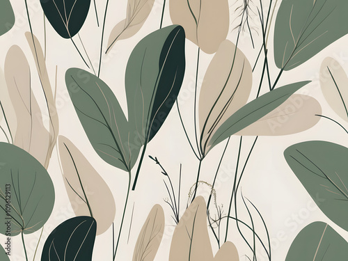 A seamless pattern of abstract botanical illustrations in muted green hues on a cream background. photo