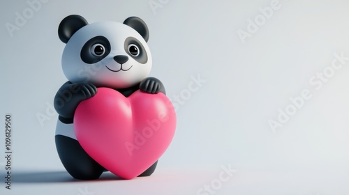 A cute panda character holding a large pink heart, symbolizing love and affection.