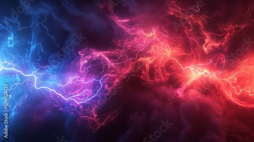 A vibrant depiction of electric energy with contrasting blue and red lightning against a dark, cloudy background.