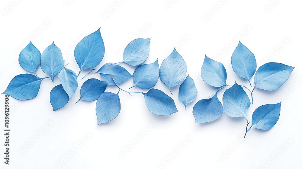 Fototapeta premium Blue leaves arranged in a fan shape on a white background