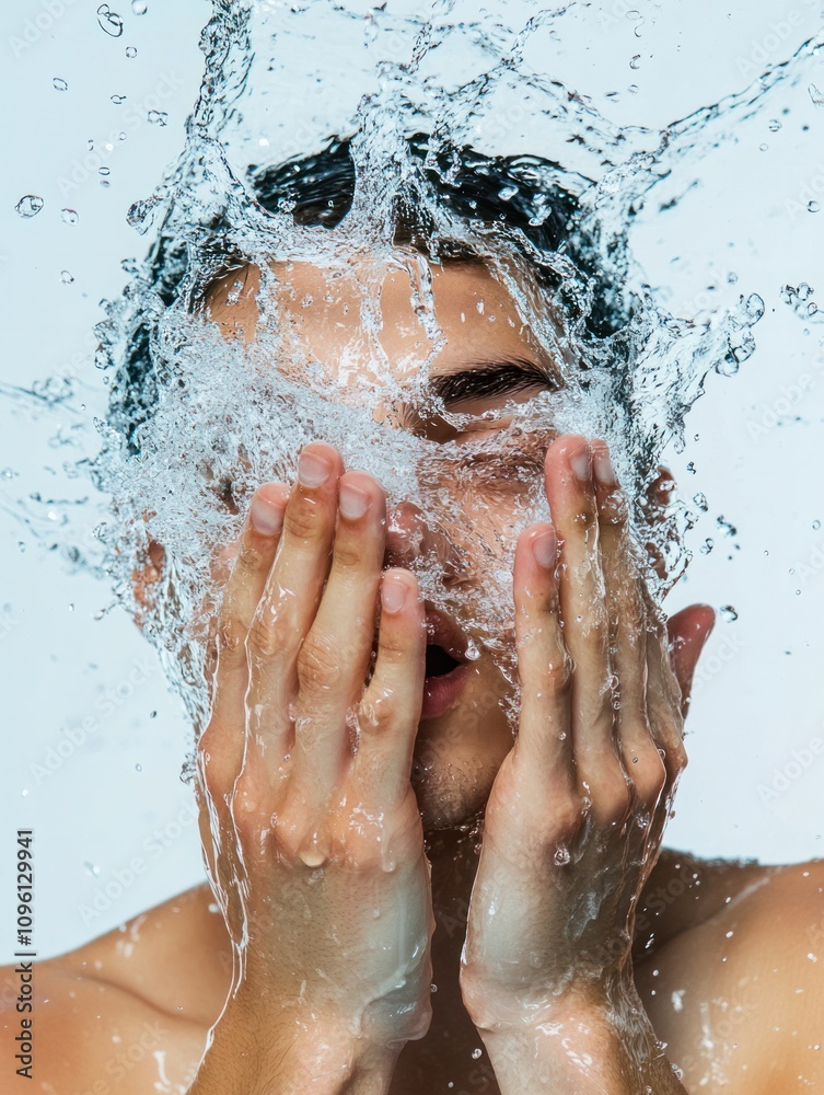 Fototapeta premium Person splashing water onto their face, hands cupped, clean aesthetic, studio lighting, white background
