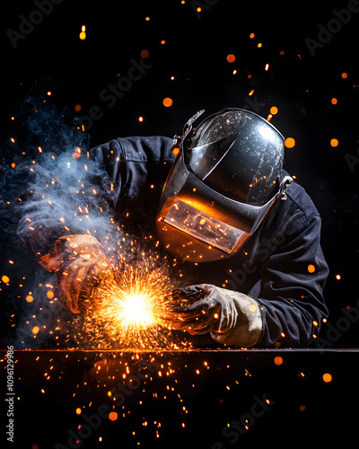 worker while doing a welding with arc welder welding or welding Sparks for background, Backdrop and manufacturing.