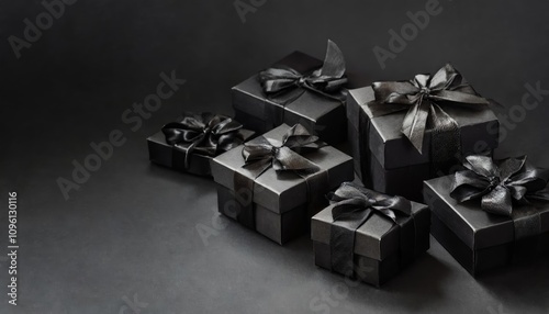 Elegant black gift boxes arranged on a dark background, showcasing a sleek and modern concept ideal for Black Friday discounts, promotions, and festive offers with a minimalist aesthetic.