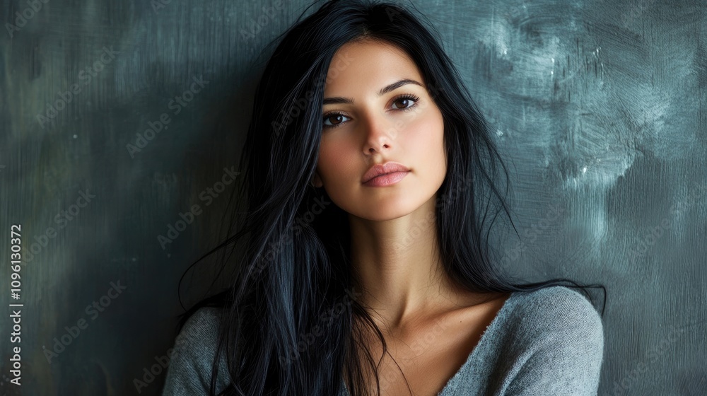Portrait of a young woman with long black hair, wearing a cozy gray sweater, against a textured background, exuding a natural and serene beauty. Portrait of a young woman with long black hair, wearing a cozy gray sweater, against a textured background, exuding a natural and serene beauty.