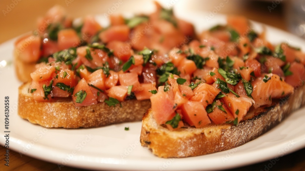 Gourmet bruschetta topped with diced smoked salmon, fresh herbs, and vibrant tomatoes served on a rustic plate for an elegant appetizer. Gourmet bruschetta topped with diced smoked salmon, fresh herbs, and vibrant tomatoes served on a rustic plate for an elegant appetizer.