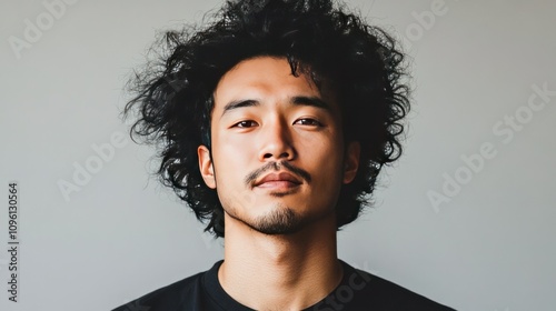 Portrait of an Asian man with a stylish afro hairstyle, confident expression, soft lighting, and a neutral background