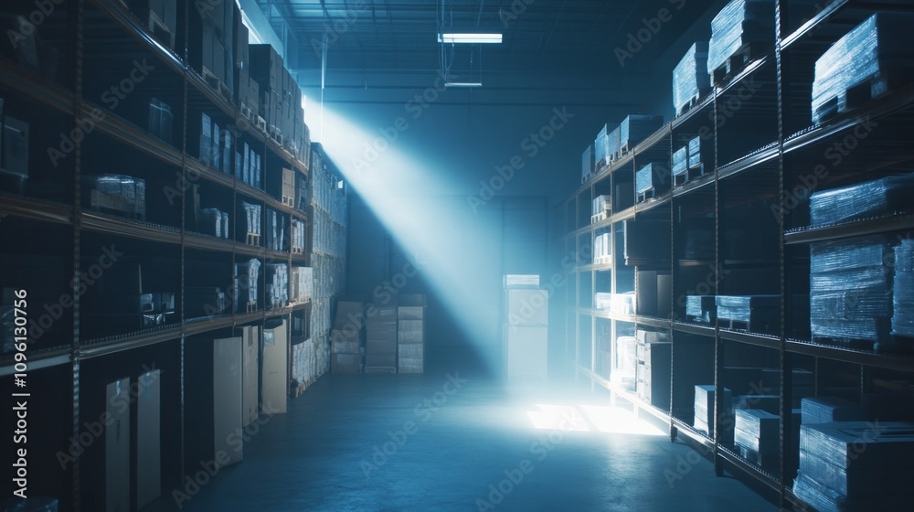 Warehouse Interior With Sunlight Beam Illuminating Storage Shelves Warehouse Interior With Sunlight Beam Illuminating Storage Shelves