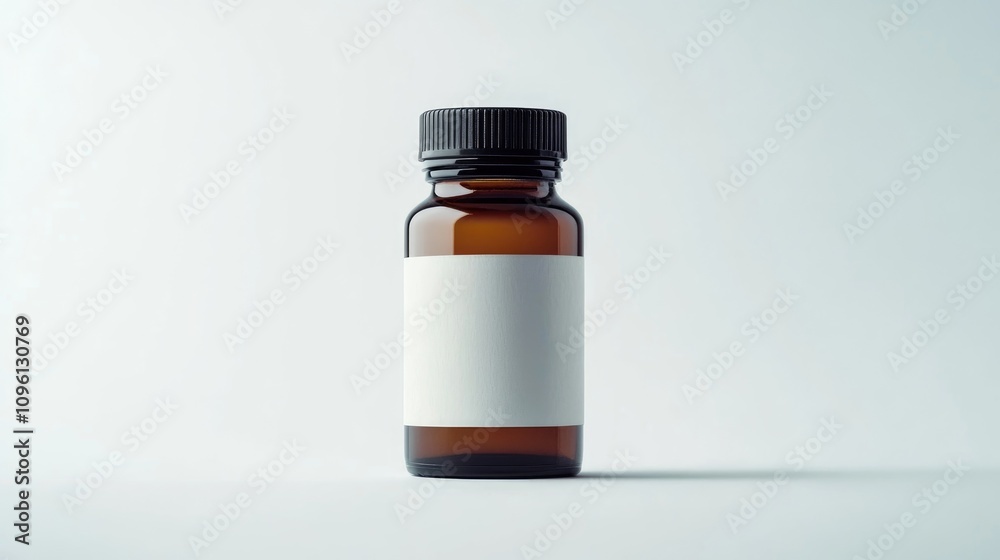 Empty medicine bottle with black cap and blank label on a smooth white background, highlighting simplicity and potential for customization. Empty medicine bottle with black cap and blank label on a smooth white background, highlighting simplicity and potential for customization.