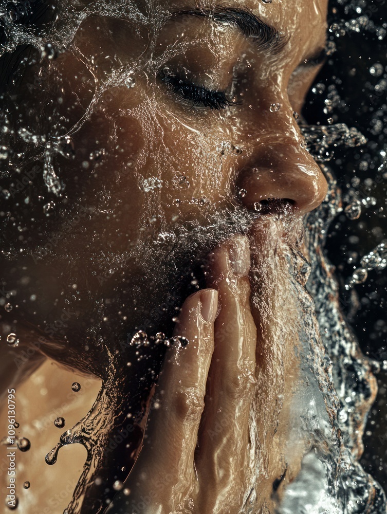 Fototapeta premium Profile of a woman washing her face, water droplets cascading in slow motion, high detail textures