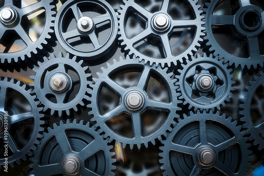 Metallic blue gears reflecting light, symbolizing a functioning mechanism in action. Metallic blue gears reflecting light, symbolizing a functioning mechanism in action.