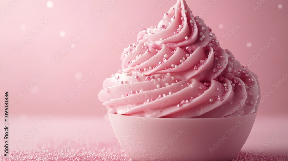 Whipped pink cream topped with delicate sugar sprinkles, beautifully presented in a bowl against a soft pink background. Whipped pink cream topped with delicate sugar sprinkles, beautifully presented in a bowl against a soft pink background.