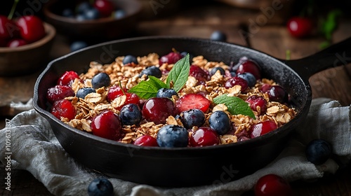 A cast iron skillet filled with granola cherries on pan photo