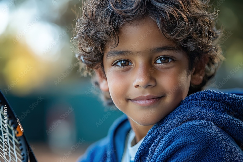 Young boy smiling in blue jacket holding tennis racket outdoors Young boy smiling in blue jacket holding tennis racket outdoors