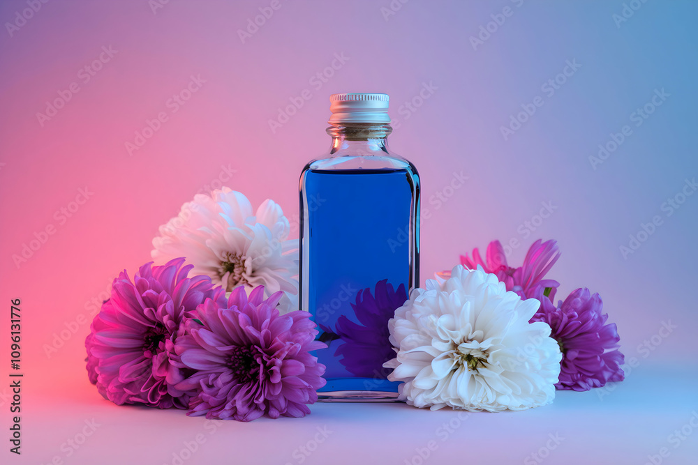 Rectangular glass bottle with blue liquid, surrounded by vibrant flowers on gradient background. Rectangular glass bottle with blue liquid, surrounded by vibrant flowers on gradient background.