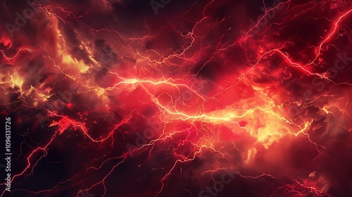 A dramatic display of red and yellow lightning amidst dark, swirling clouds, evoking a sense of power and intensity.