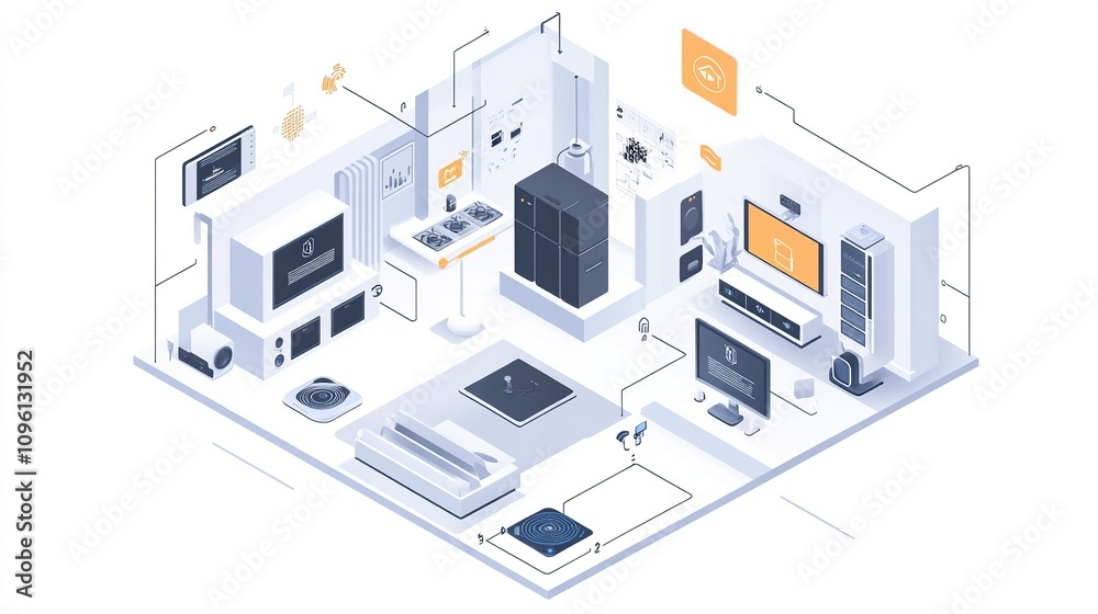 Isometric smart home system uses artificial intelligence-based system with modern and minimalist furniture Isometric smart home system uses artificial intelligence-based system with modern and minimalist furniture