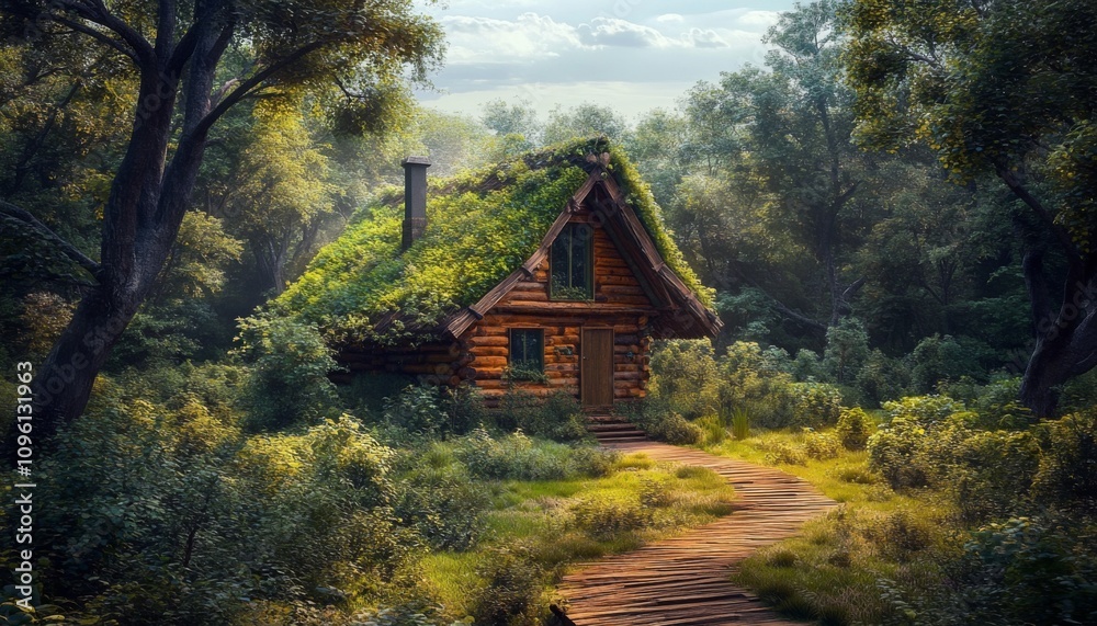 Incredible secluded wooden cabin in lush forest with thatched roof, bathed in sunlight with serene atmosphere. Incredible secluded wooden cabin in lush forest with thatched roof, bathed in sunlight with serene atmosphere.